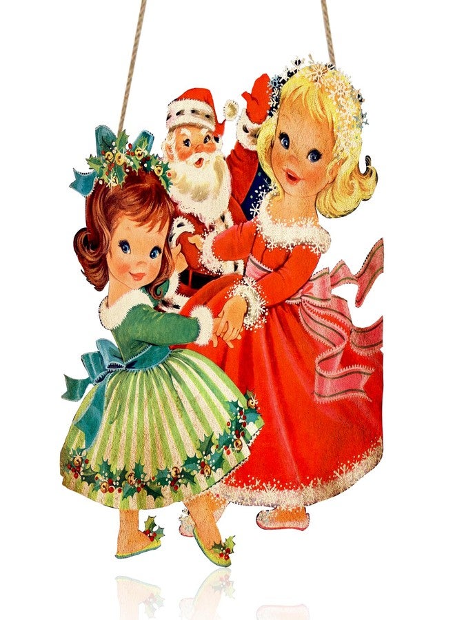 Racenaf Vintage Christmas Decorations Hanging Wooden Sign - Vintage Style Girls Santa Claus Welcome Sign for Front Door Xmas Wall Hanging Decor for Indoor Outdoor Christmas Party Supplies - Image 1